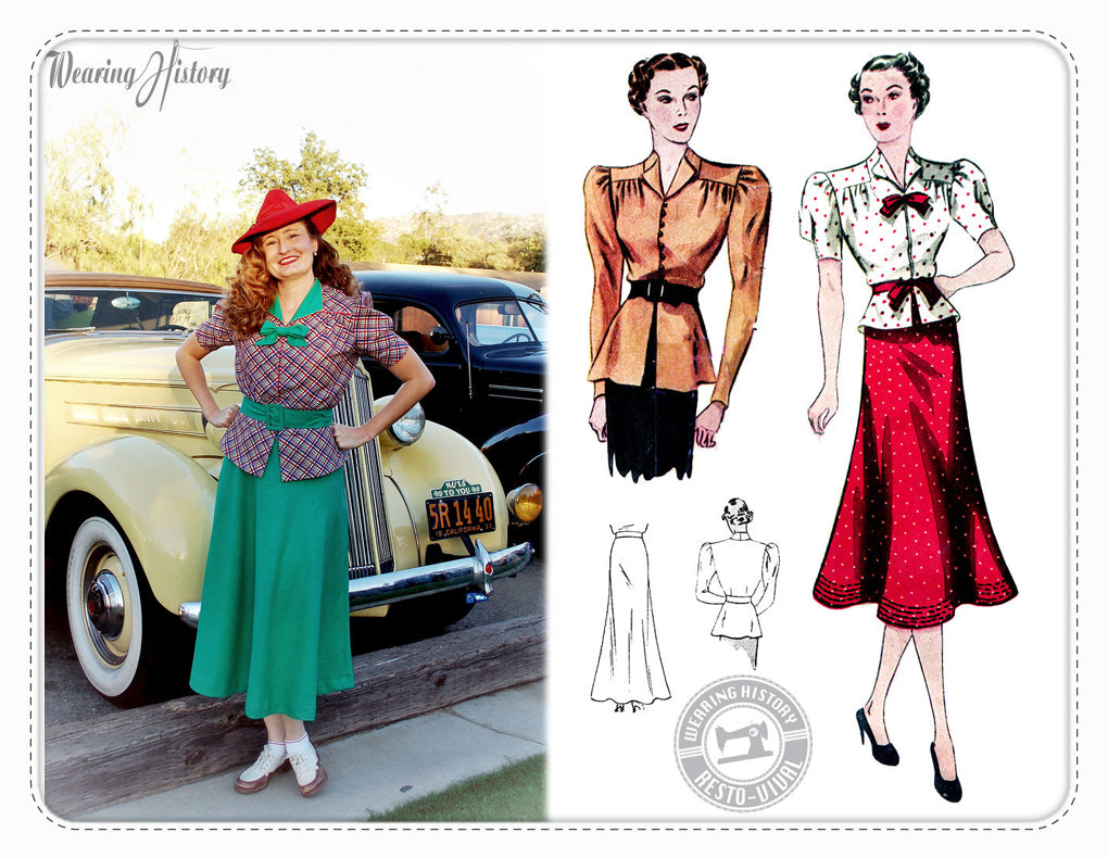 Wearing History sewing pattern 1930s blouse with peplum and skirt