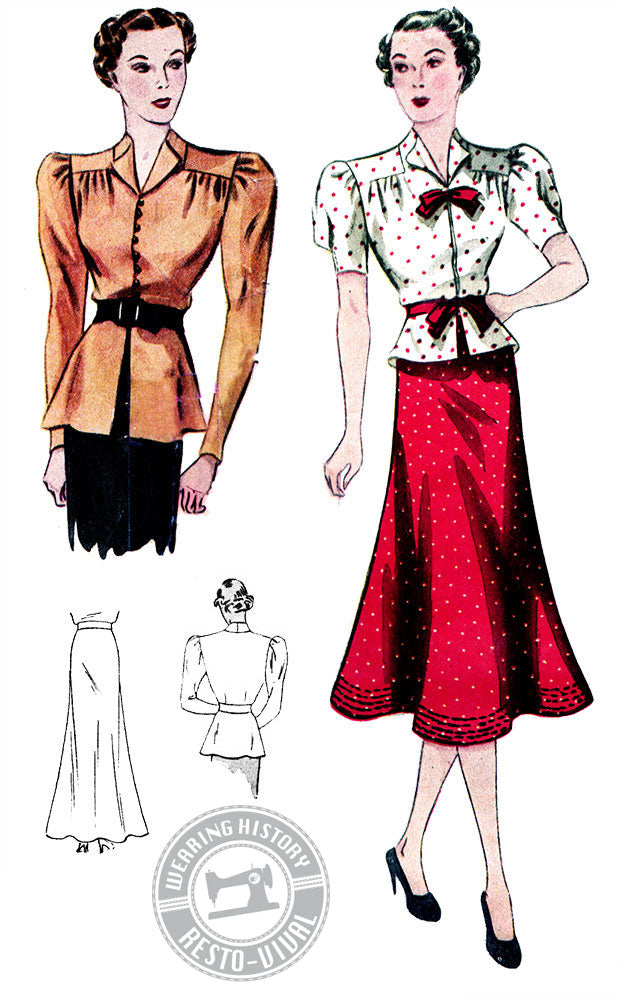 Wearing History sewing pattern 1930s blouse with peplum and skirt