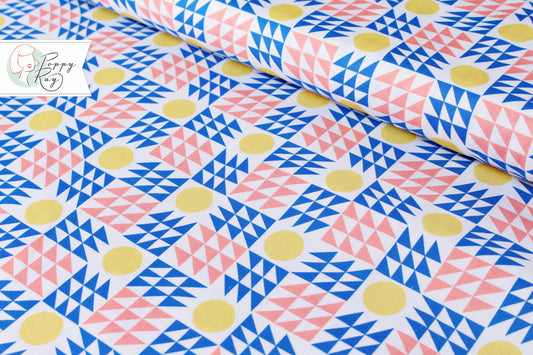 Windham cotton dots triangles geometric blue yellow coral