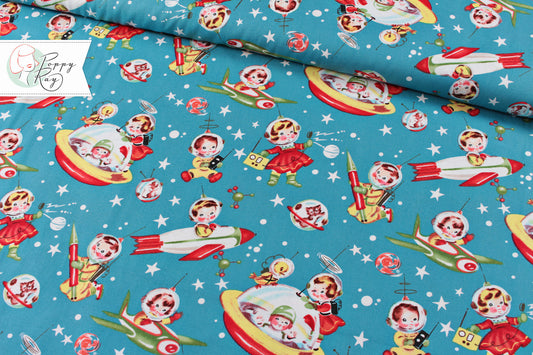 Michael Miller Retro Rocket Rascals Cotton Space Astronaut 50s Vintage turquoise