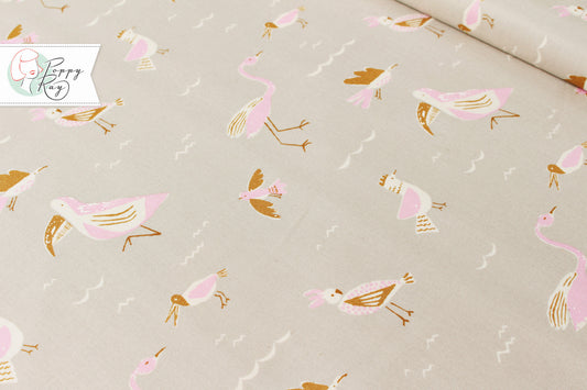 Moda cotton Yucatan birds grey pink brown