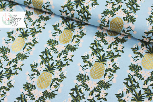 Rifle Paper &amp; Co cotton pineapple gold metallic Primavera blue Hawaii