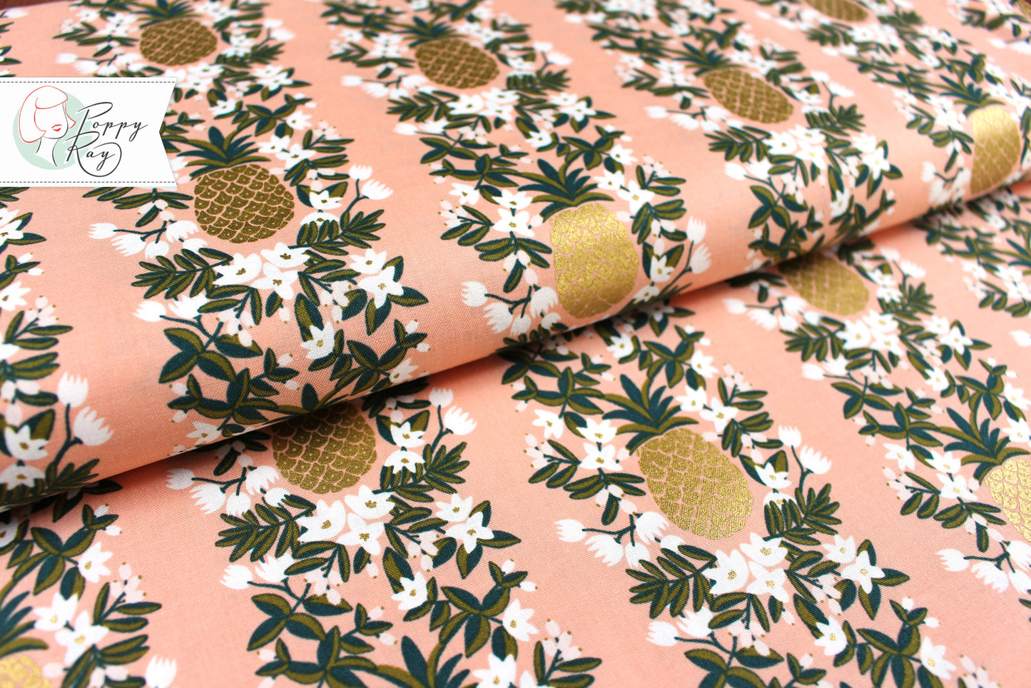 Rifle Paper &amp; Co cotton pineapple gold metallic Primavera coral pink Hawaii