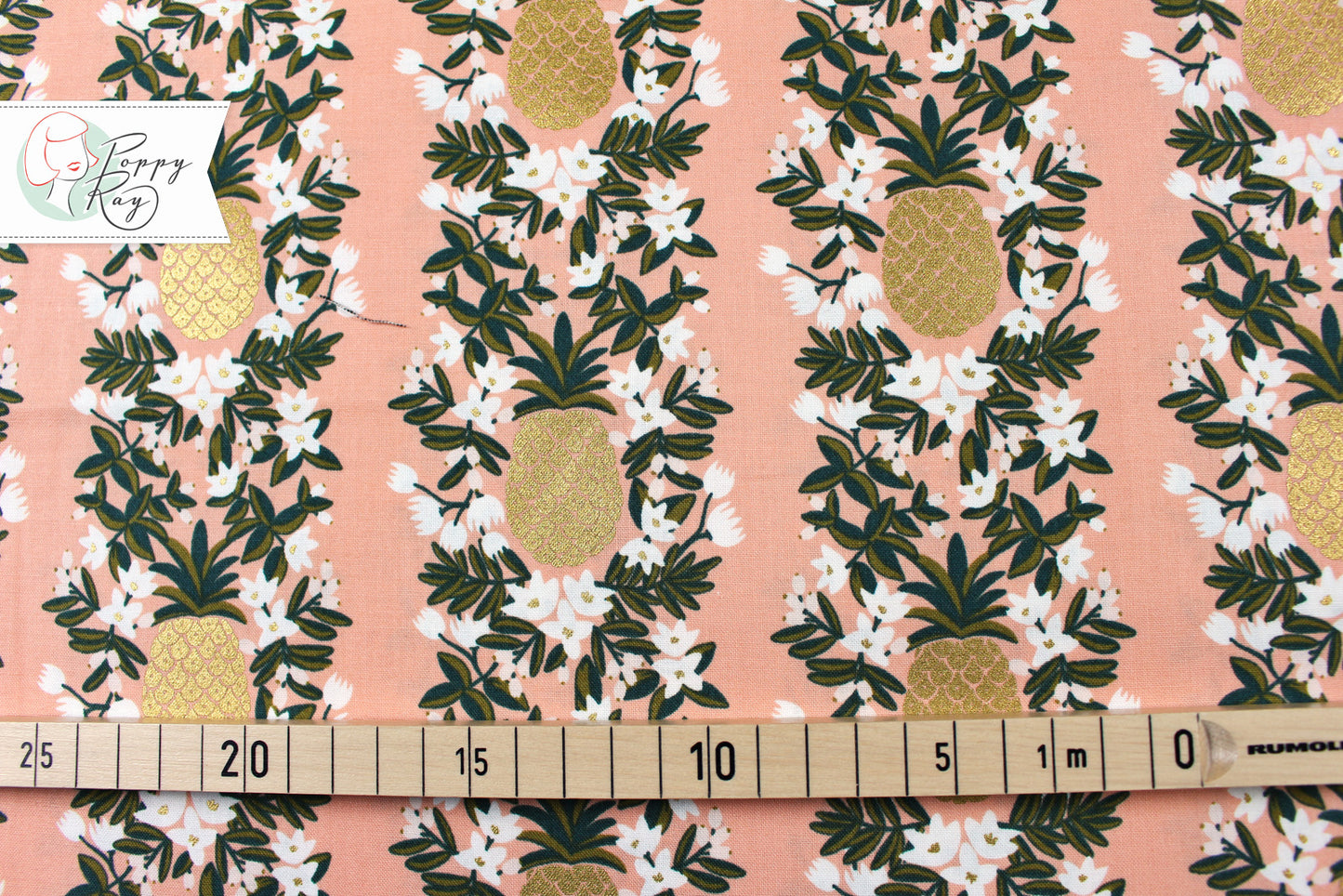 Rifle Paper &amp; Co cotton pineapple gold metallic Primavera coral pink Hawaii