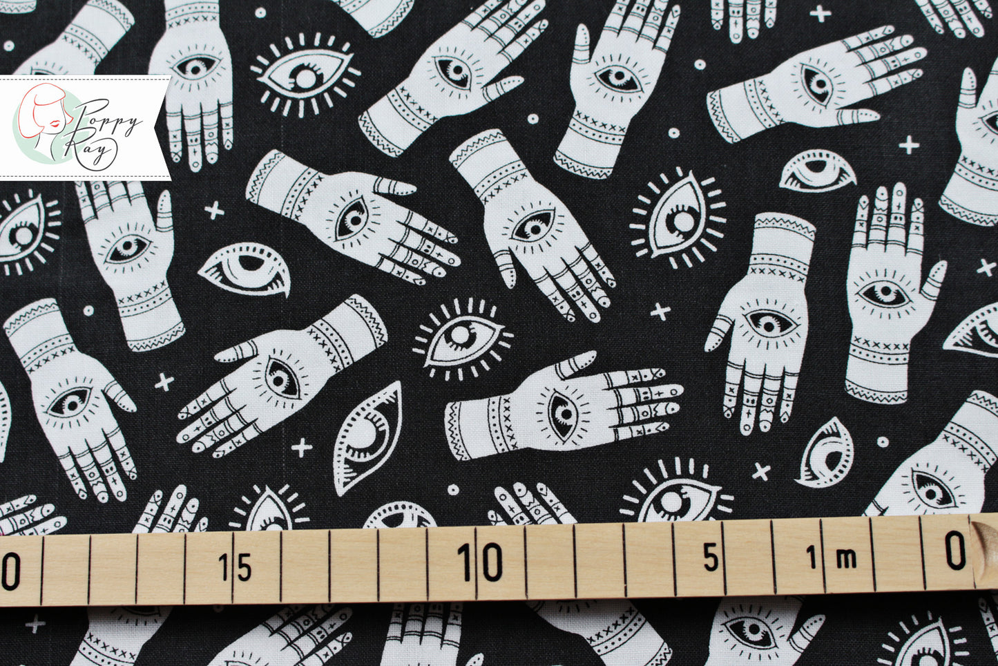 Michael Miller When Stars Align Palmistry Hand Eyes white black cotton