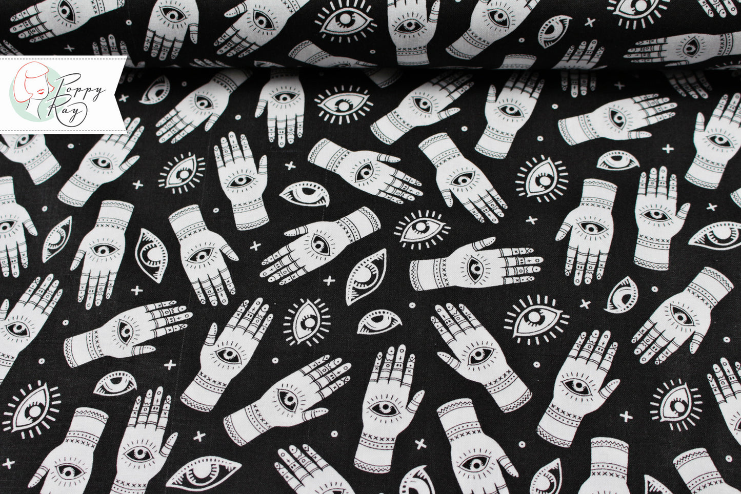 Michael Miller When Stars Align Palmistry Hand Eyes white black cotton