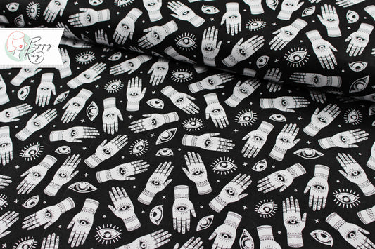 Michael Miller When Stars Align Palmistry Hand Eyes white black cotton