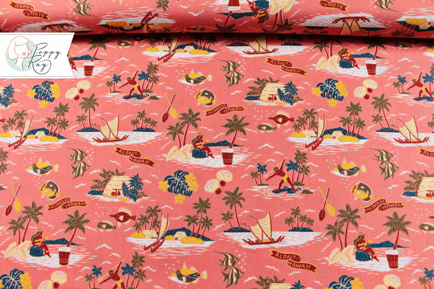 Sevenberry Island Paradise Hawaii fish boats coral cotton