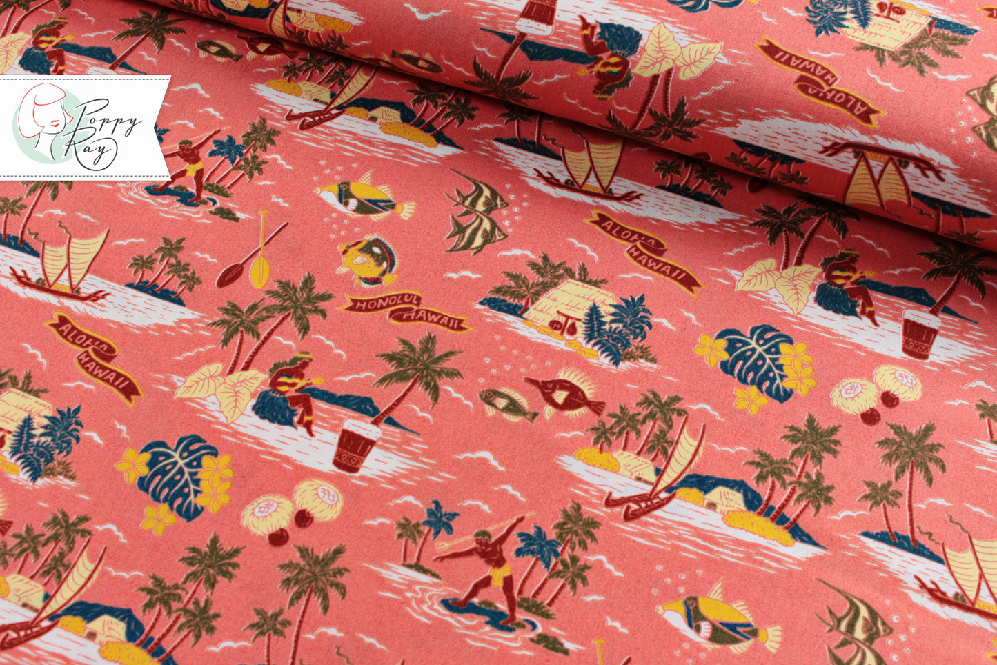 Sevenberry Island Paradise Hawaii fish boats coral cotton