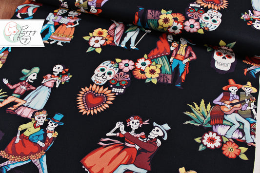 Alexander Henry Canvas Cotton La Media Vuelta Skull Sugarskull Mexico Calavera Black