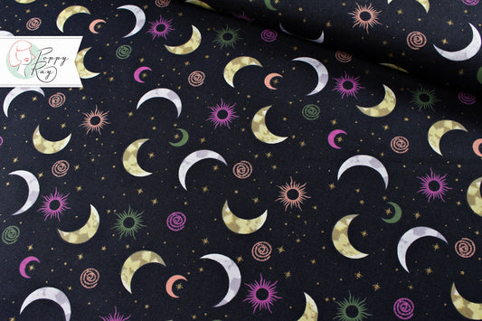 3 Wishes Fabric Moonlight sun moon anthracite mystical cotton occult