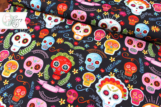 Michael Miller Baumwolle Mexico Sugar Skulls anthrazit Calavera Schädel