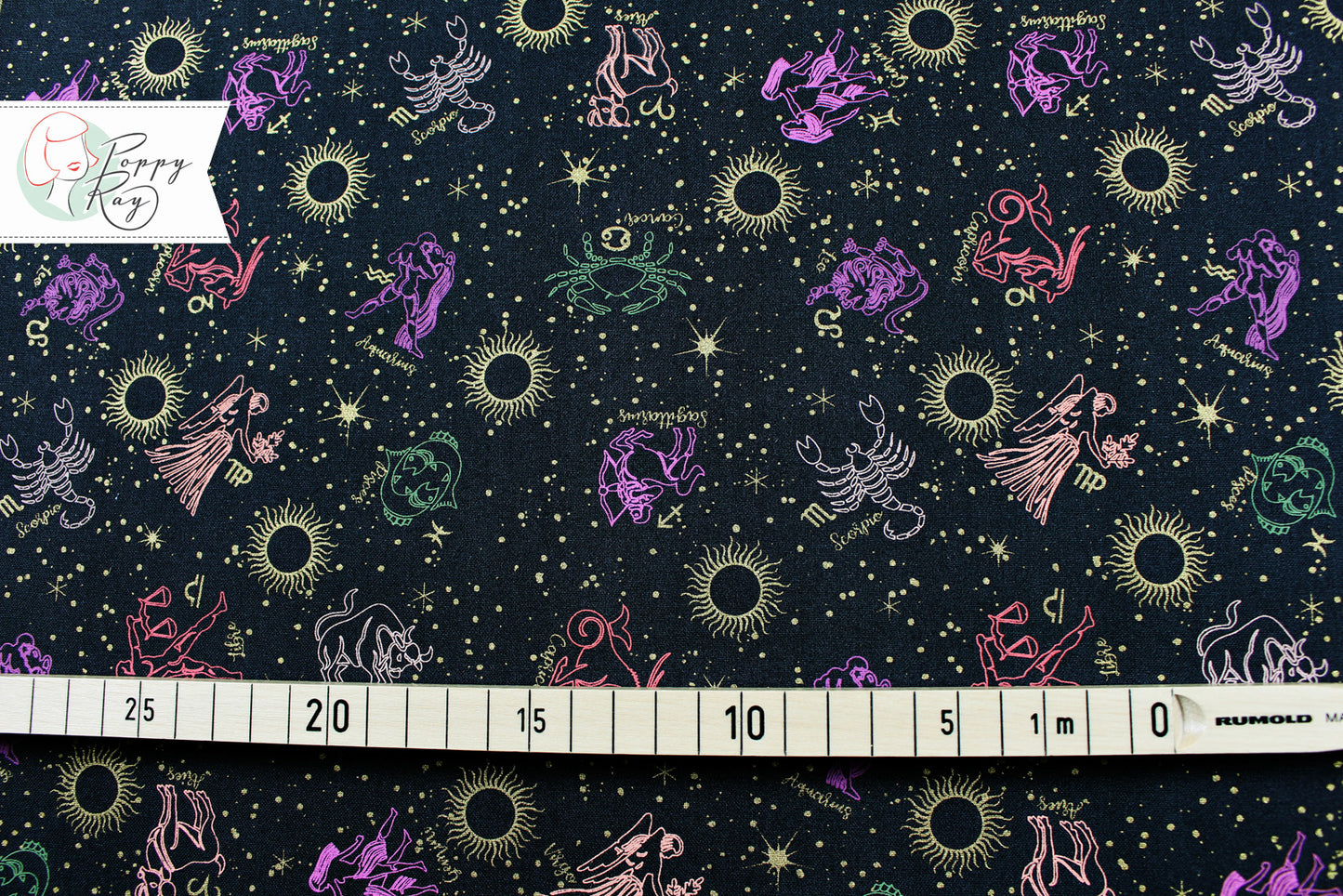 3 Wishes Fabric Moonlight Zodiac Sun Moon anthracite mystical cotton