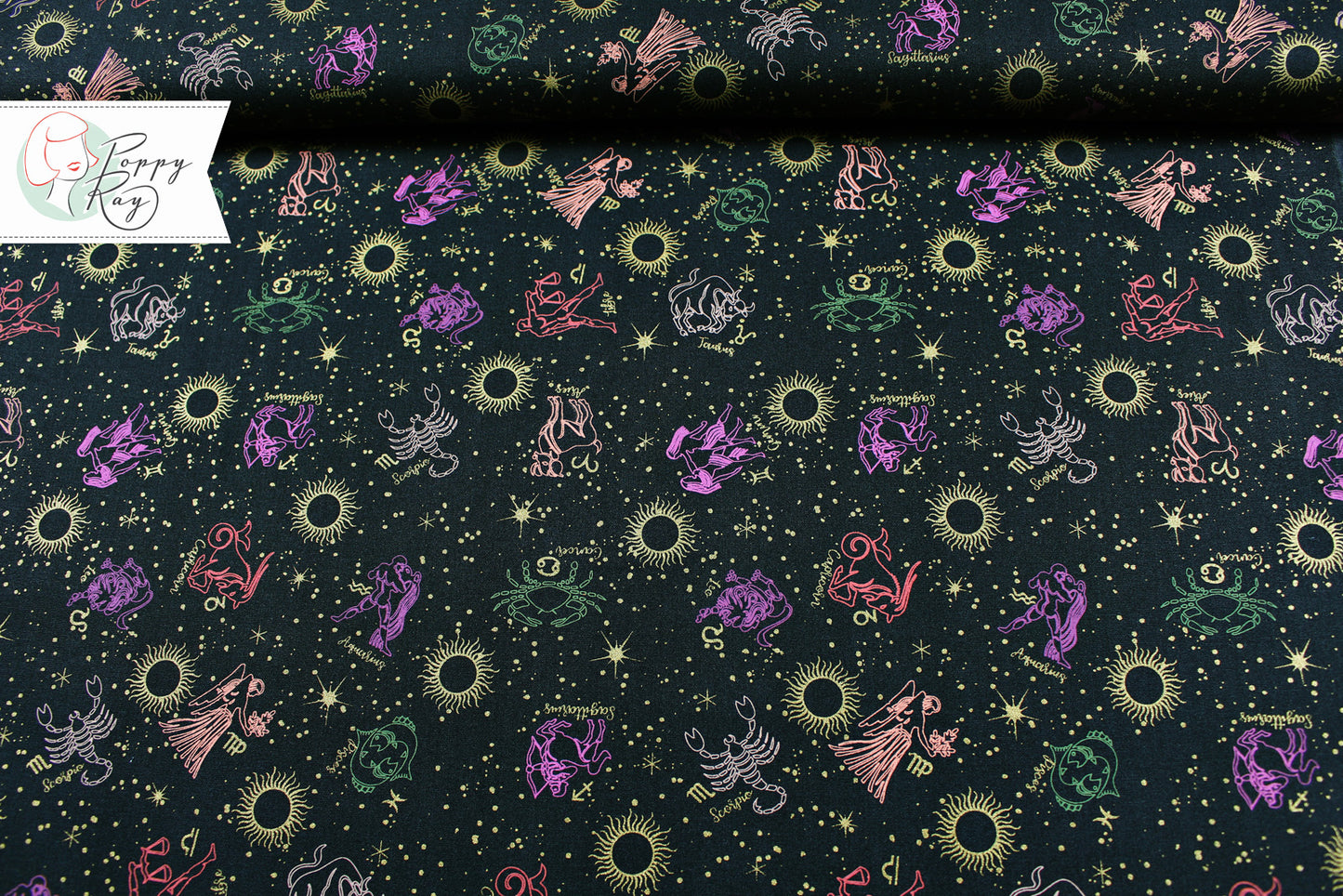 3 Wishes Fabric Moonlight Zodiac Sun Moon anthracite mystical cotton