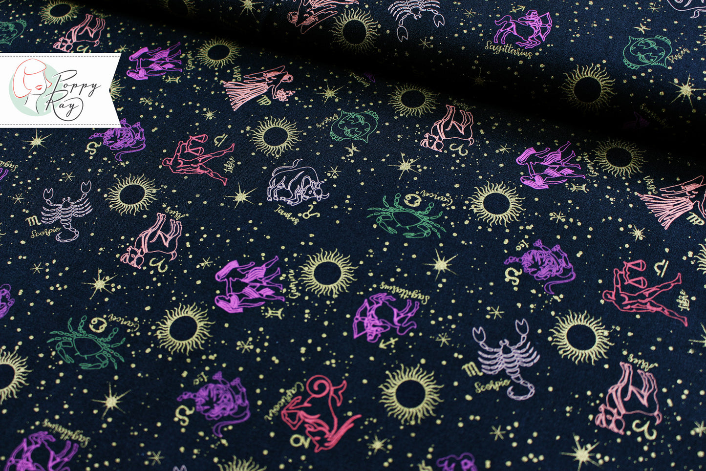 3 Wishes Fabric Moonlight Zodiac Sun Moon anthracite mystical cotton