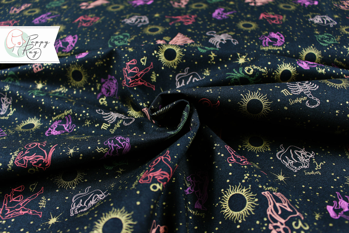 3 Wishes Fabric Moonlight Zodiac Sun Moon anthracite mystical cotton