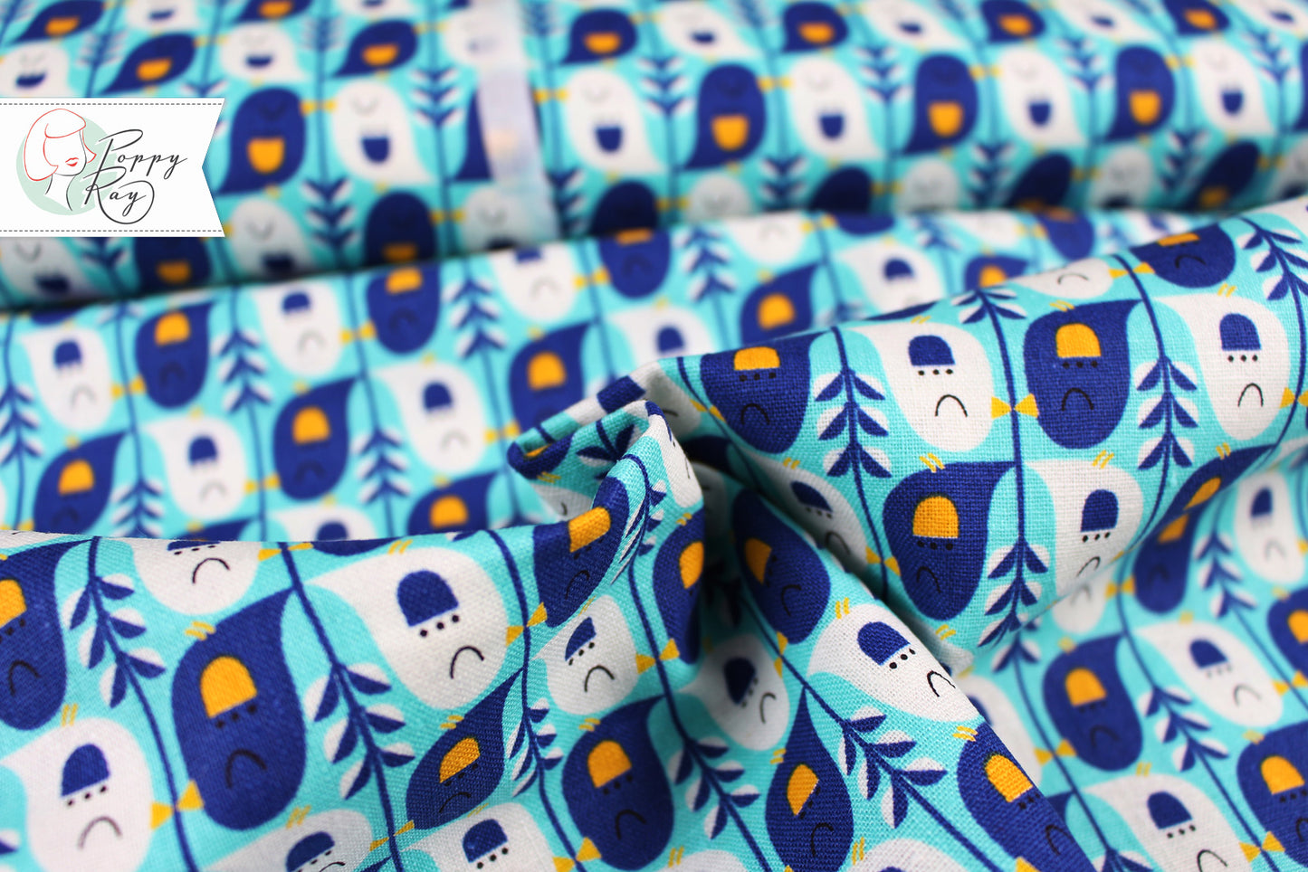 Kokka Mees&amp;Mees Canvas Linen Cotton Cute Bird Blue